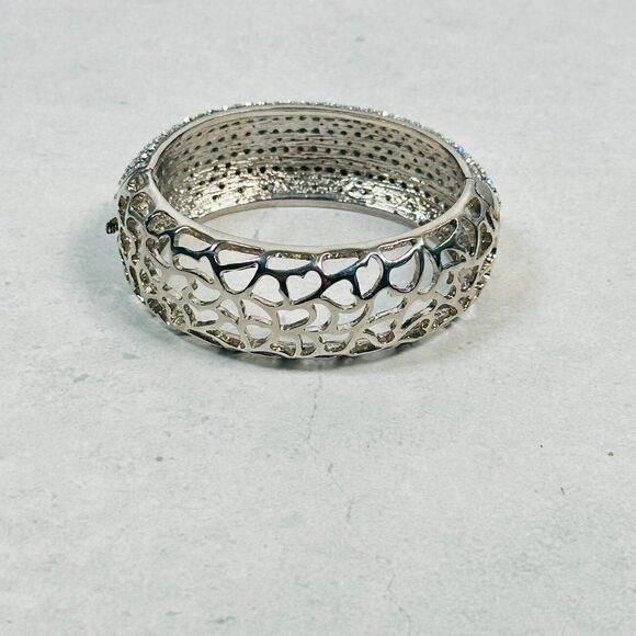 Womens Bracelet Bangle Pave Rhinestone Cut Ott Hearts Silver Tone 25mm Wide - Picture 7 of 12